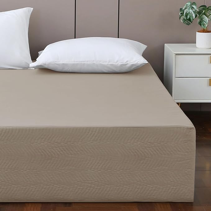 Queen Bed Skirt-Box Spring Cover with 14 Inch Tailored Drop,Wrinkle and Fade Resistant Hotel Wrap Around Bed Skirts,Bed Frame Cover (Wave Pattern Light Khaki, Queen)