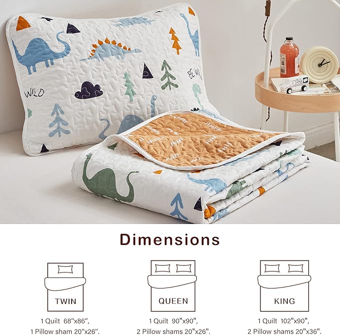 Joyreap 2-Piece Cotton Quilt Set Twin, Cute Dinosaur Reversible Design for Kids Boys n Girls, Breathable Skin-friendly Quilt Bedspread Bed Cover for All Season, 1 Quilt and 1 Pillow Sham- 68x86 inches