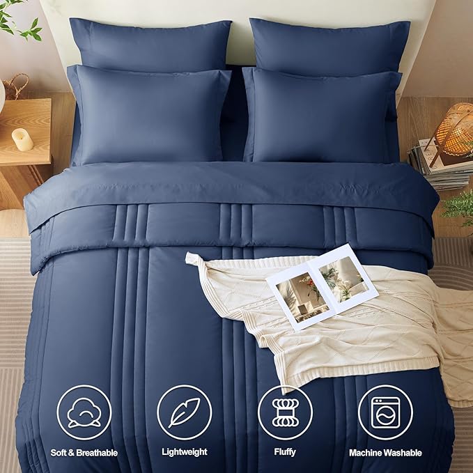 CozyLux Queen Size Comforter Sets - 7 Piece Bed in a Bag Navy Blue Comforter Set with Sheets Queen Bed Set All Seasons, Bedding Set with Down Alternative Comforter, Sheets, Pillowcases & Shams