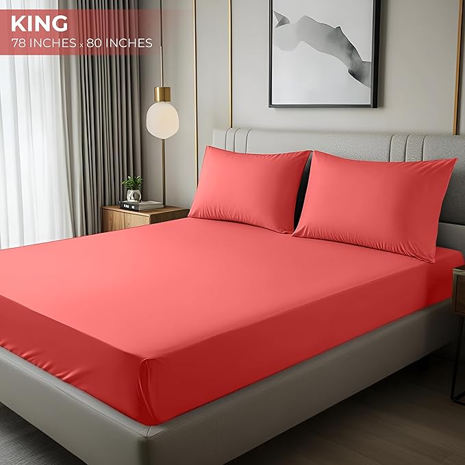 Utopia Bedding King Fitted Sheet - Bottom Sheet - Deep Pocket - Soft Microfiber - Shrinkage and Fade Resistant - Easy Care -1 Fitted Sheet Only (Coral)