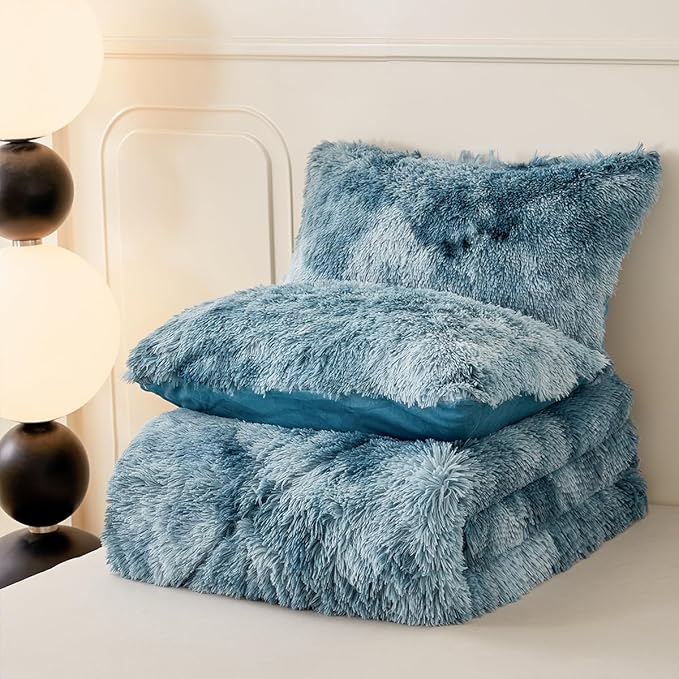PERFEMET Plush Fluffy Comforter Set Twin Size Kids 3 Piece Turquoise Shaggy Faux Fur Tie Dye Bedding Set Super Soft Long Hair Fuzzy Furry Bed Comforter for Boys Girls(Turquoise, Twin)