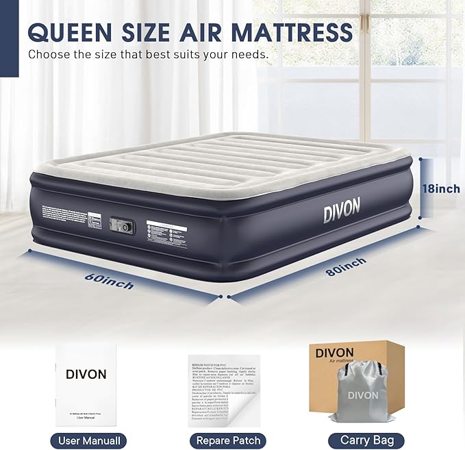 Air Mattress Queen With Built In Pump,18''Raised Blow Up Mattress 2 Mins Self-Inflation/Deflation,Upgraded Thicker Inflatable Mattress，Air Bed with Storage Bag for Guests,Home，Camping，660 lbs Max