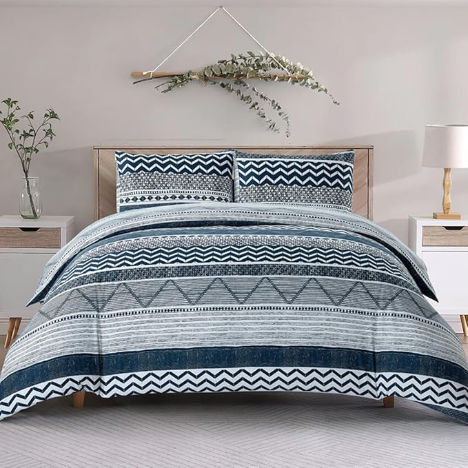 Lekesky Duvet Cover Queen Size, Soft Microfiber Boho Aztec Quilt Cover Set Blue Bohemian Queen Bedding Duvet Cover Sets with Zipper Closure Corner Ties (No Comforter)