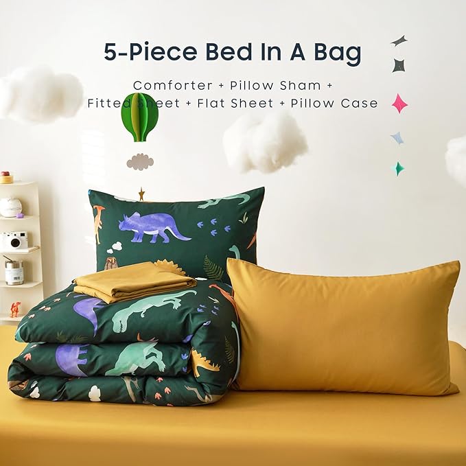Wake In Cloud - Dinosaur Bedding Set for Boys, Cute Colorful Dinosaur Soft Lightweight Comforter Set with Sheets, 5 Pieces Kids Bed in a Bag, Dark Green, Twin Size