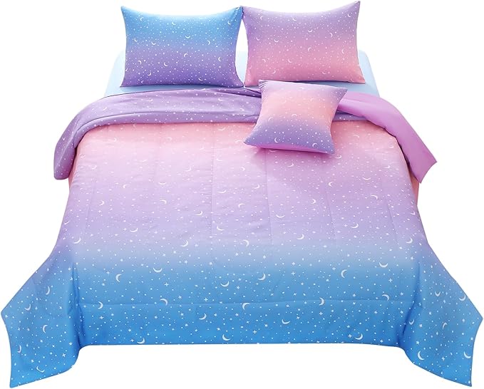 JQinHome Full Girls Comforter Set,6 Piece Bed in A Bag 3D Purple Orange Glitter Bedding Set -All Season Microfiber Rainbow Bedding Sets for Girls Women
