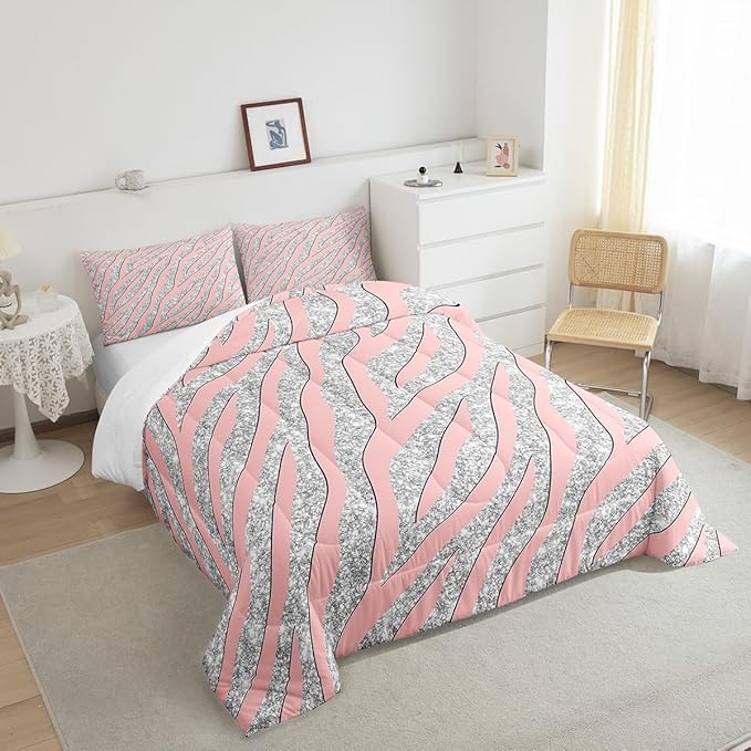 Women Leopard Bedding Set Girls Pink Silver Leopard Print Comforter Set for Kids Boys Teens Glitter Zebra Print Comforter Safari Animal Print Quilt Set Room Decor Duvet Set for All Season Full Size