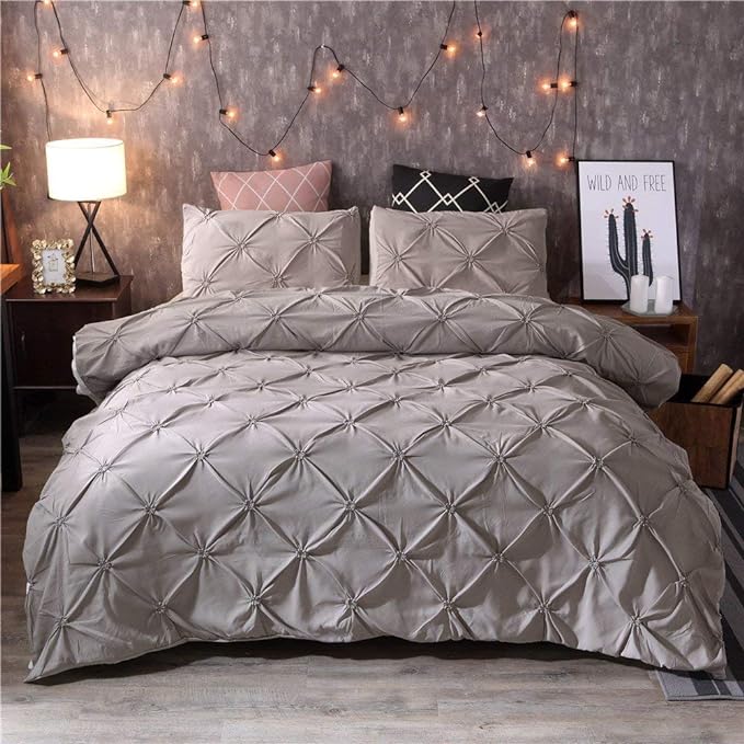 Feelyou Pinch Pleated Duvet Cover Sets Twin, Grey Soft Luxury Pintuck Tufted Polyester Bedding Set with 1 Pillow Shams, Decorative Solid Geometric Comforter Cover Zipper,2 Pcs