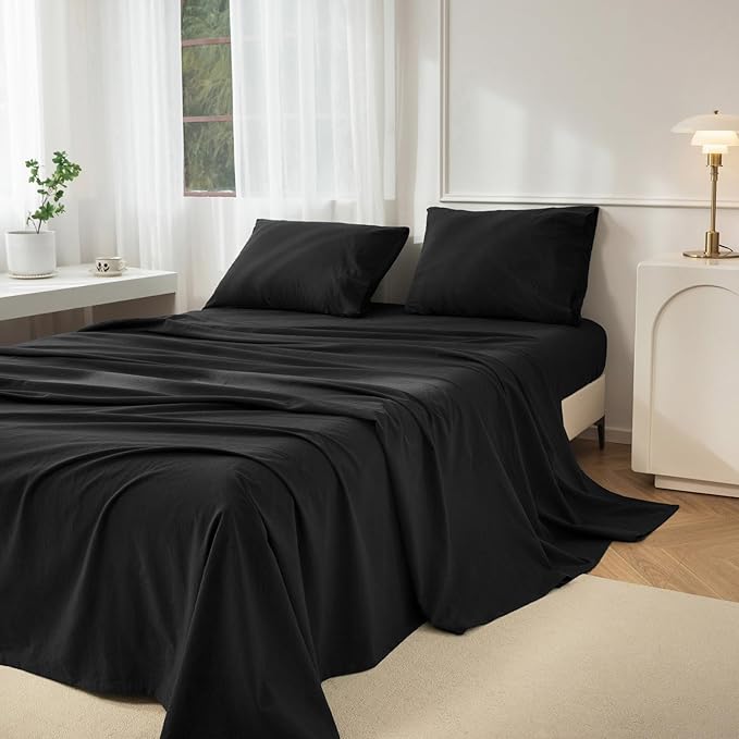 JIYUAN 100% Washed Cotton Sheet Set 3 Pieces Twin,1 Fitted Sheet,1 Flat Sheet and 1 Pillowcase, Comfy and Breathable Linen Like Bedding Set,Black