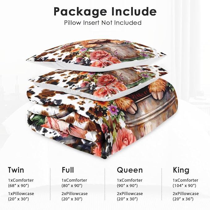 Twin Size Comforter Set with Pillowcase, Cute Happy Highland Bull 2 Pcs Bedding for Kids and Adults, Flower Cow Print Soft Comforter Set for Bedroom Bed Decor
