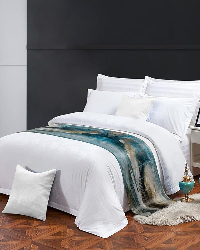 Abstract Mottled Turquoise Green Gray Art Bed Runners for Bedroom Hotel,Decorative Bedding Scarf Retro Painting Bed End Blanket Bedding Runner Scarves for Twin Size Bed,71x20in