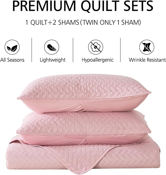 JML Quilts Set, Bedspread Coverlet Set with Pillowcases - 3 Piece Soft and Lightweight Bed Quilt for Spring, Autumn and Summer (Embossed Weave - Pink, King(92"x104"))