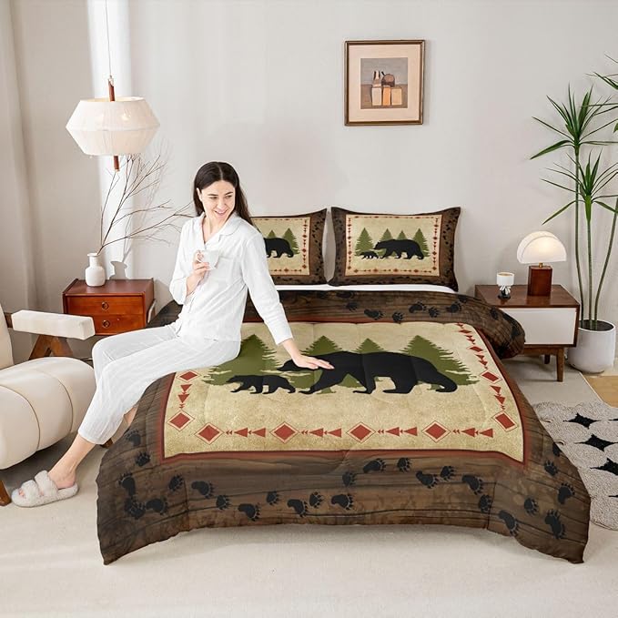 Bear Comforter Set King Size Rustic Farmhouse Bear Wildlife Bedding Wild Bear Bedding Comforter Sets Country Cabin Lodge Decor Down Comforter Nature Woodland Bear Paw Print Duvet Insert Brown Green