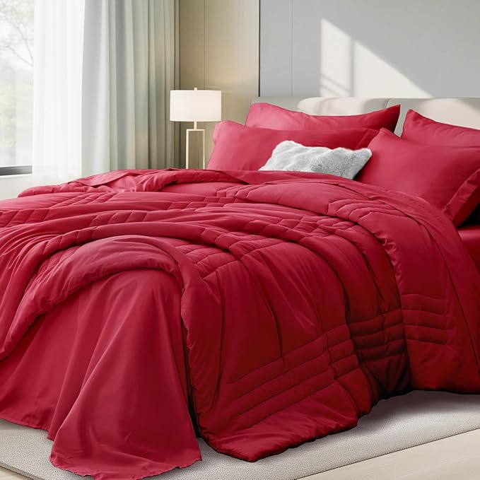 King Comforter Set Red - Bed in a Bag King Size 7 Pieces, Soft Bedding Set for All Seasons, Christmas Premium King Comforter Set with Comforter, Sheets, Pillowcases & Shams