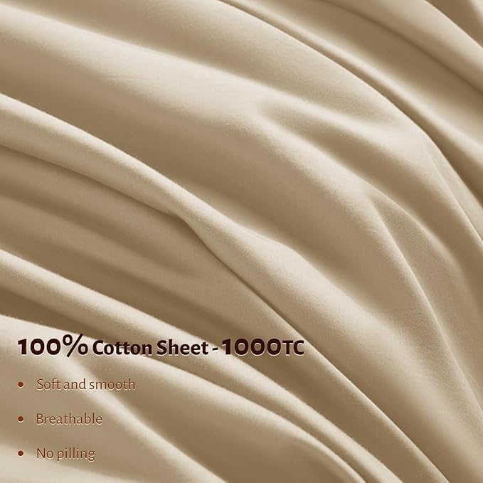 Shilucheng 100% Egyptian Cotton Sheets Set - 1000 Thread Count，Luxury Cotton Bed Sheets，Breathable & Cooling Bedding and Pillow Cases, 16 Inch Deep Pocket - 4 Piece (California King, Beige)