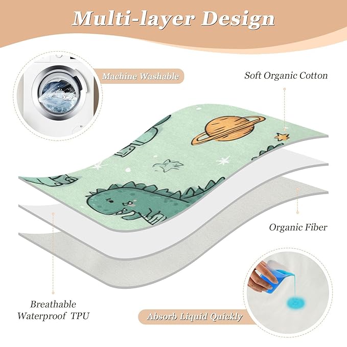 Waterproof Bed Pad Reusable Changing Pad Toddler Mattress Protector Large Pee Pad Baby Diaper Pad Soft Washable Liner Green Planet Dinosaurs