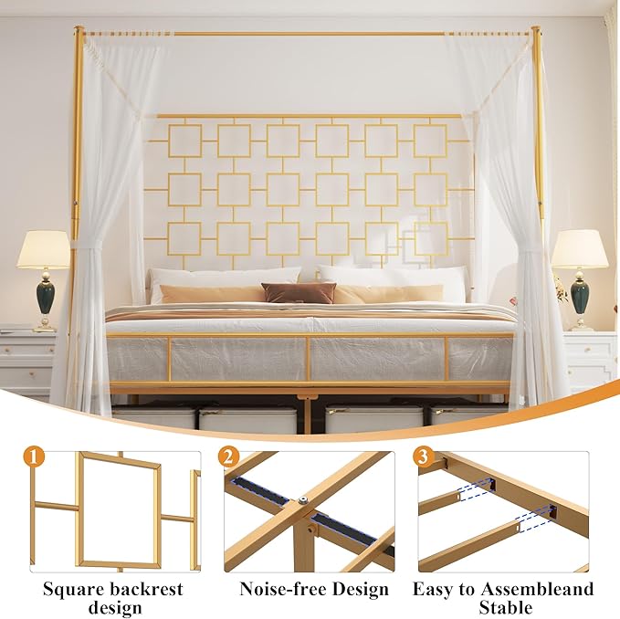 Modern Queen Canopy Bed Sturdy Metal Slats Easy Assembly – 1000lbs Capacity, Ideal for Small Spaces & Rentals, No Box Spring Needed