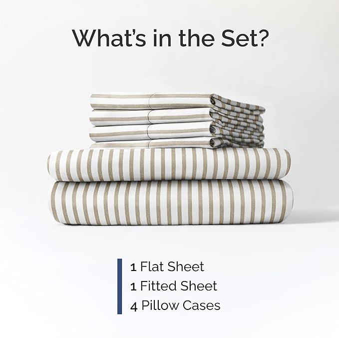 Queen 6 Piece Sheet Set - Comfy Breathable & Cooling - Soft Hotel Luxury Bedding Set with 8-16 Inch Deep Pockets - 1 Flat & 1 Fitted Sheet & 4 Pillowcases - Wrinkle Free & Easy Care - Beige Stripes 2