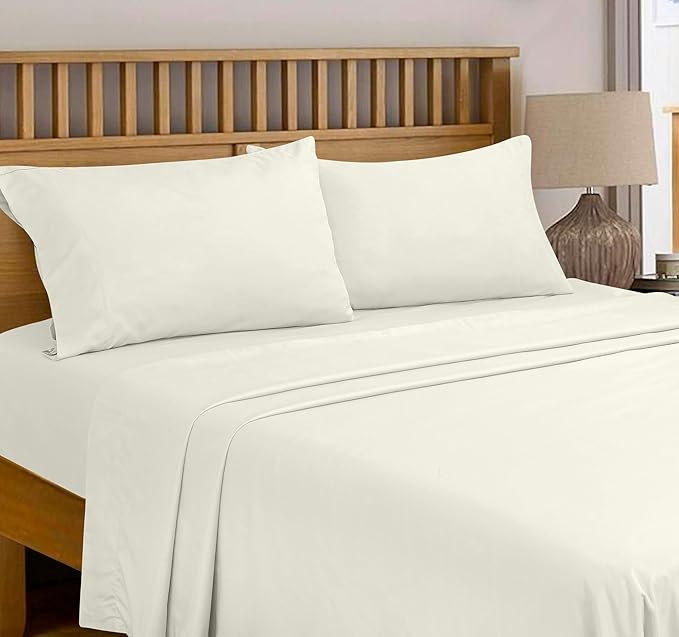 Royale Linens 300 Thread Count 100% Long Staple Combed Cotton Flat Sheet - Super Soft - Top Sheet - Twin Flat Sheet Sold Separately - Breathable, Cool & Crisp Percale (Twin, Ivory)