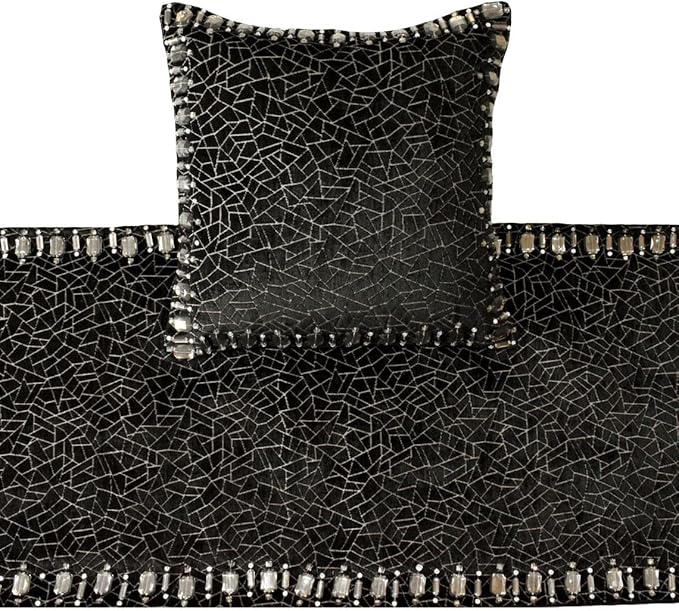 The HomeCentric King/Queen/Twin Black Decorative Queen 74"x18" Bed Runner with 2 Pillow Cover, Mosaic & Crystal Bed Scarf on Velvet Fabric - Mosaic Noir