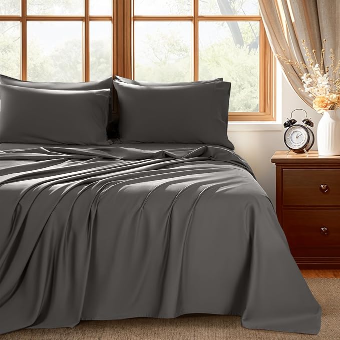 Shilucheng 100% Egyptian Cotton Queen Size Sheets Set - 1000 Thread Count，Luxury Cotton Bed Sheets，Breathable & Cooling Bedding and Pillow Cases, 16 Inch Deep Pocket - 6 Piece (Dark Grey, Queen)