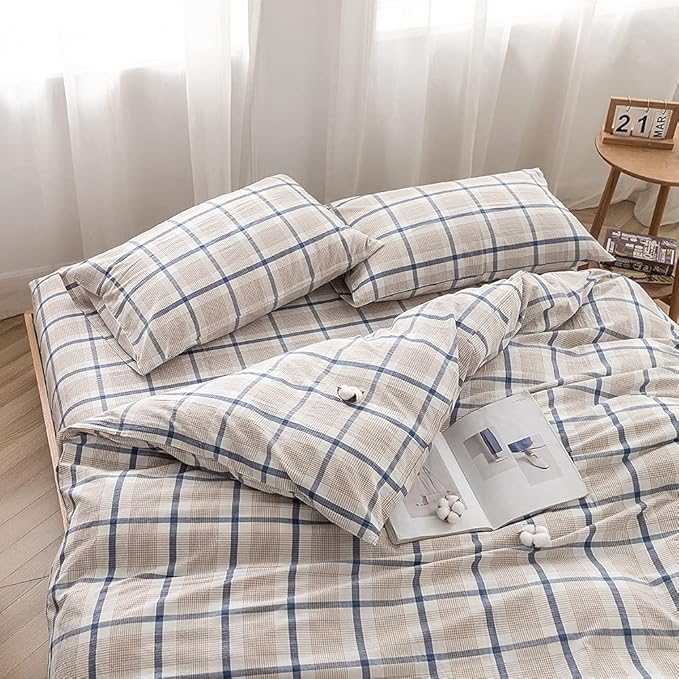 FACE TWO FACE Bedding Duvet Cover Set 3 Pieces 100% Washed Cotton Duvet Cover Linen Like Textured Breathable Durable Soft Comfy(King, Blue Grid)