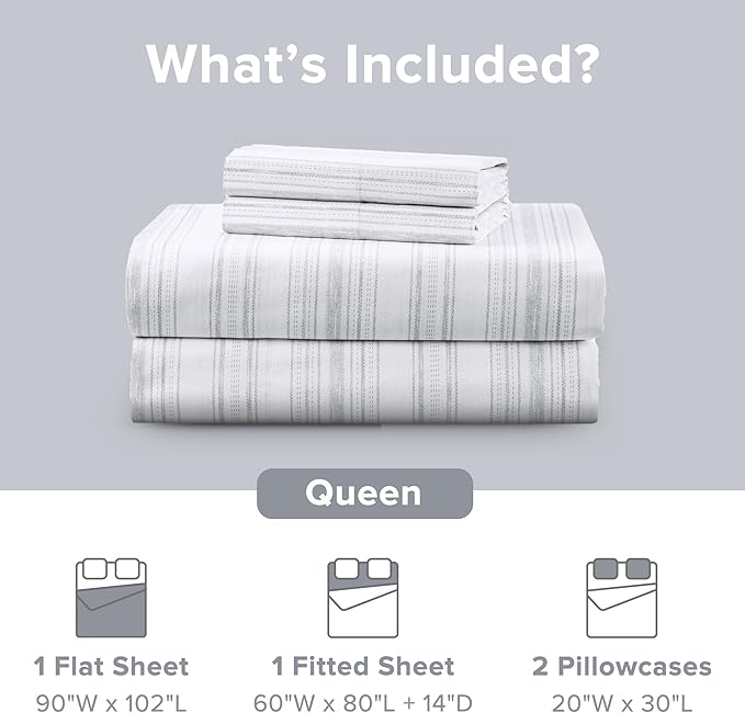 Comfort Spaces 100% Cotton Sheets Queen, Breathable, Naturally Cool Cotton Sheets, Cotton Bed Sheets with 14" Elastic Pocket Fits up to 16" Mattress, All Seasons Sheet Set, Good Vibes Grey 4 Piece
