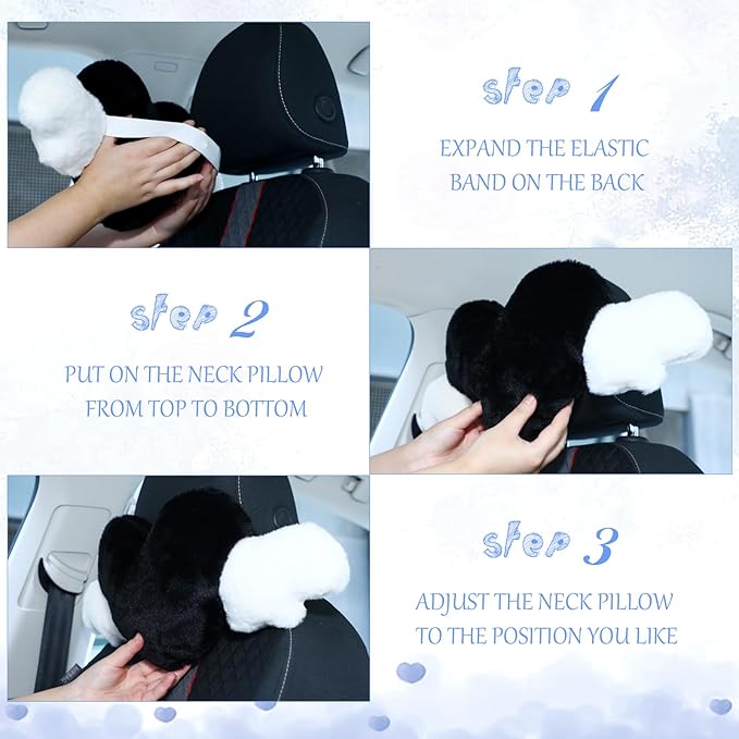 Macarrie 2 Pcs Plush Heart Shaped Pillow with Angel Wings Car Headrest Soft Comfortable Seat Pillow for Driving Travelling Room Office Car Decor, 19.7 x 8.3 Inch(Black)