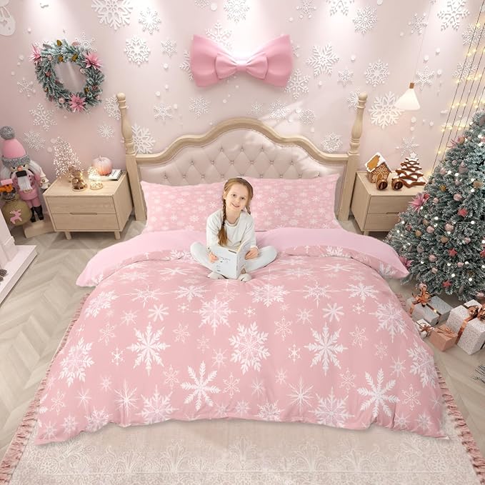 Erosebridal Pink Christmas Comforter Set Full Size Girly Romantic Snowflake Duvet Insert Princess Winter Quilt Girls Modern Style Bedding Set Bedroom Decor Pink Floral Bedding Set & 2 Pillowcases