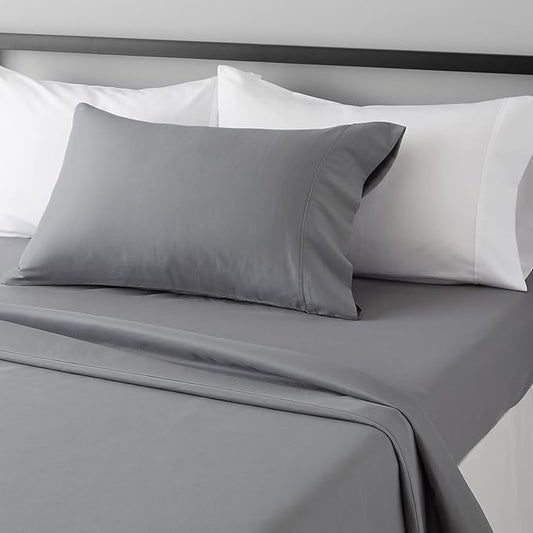 Amazon Basics Lightweight Breathable Brushed Microfiber 3-Piece Bed Sheet Set With 14-Inch Deep Pockets, Wrinkle Resistant, Twin XL, Dark Gray, Solid