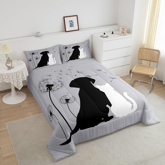 Cute Cat Dog Bedding Sets Twin, Kawaii Puppy Kitten Couple Comforter Set for Girls Boys Kids Teens, Dandelion Botanical Flowers Duvet Set, Cartoon Pet Animals Quilted Comforter with 2 Pillow Covers