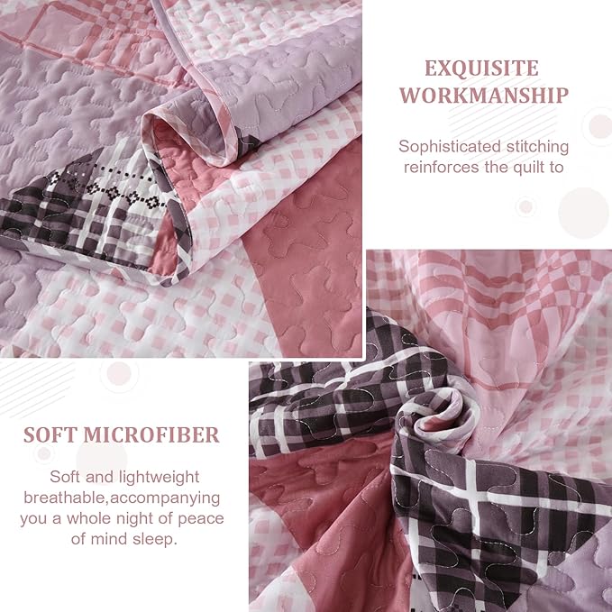 Annibedding Pink Quilt King Size, 3 Pieces Patchwork Bedspread Geometric Bedding Set for All Season, Soft Lightweight Reversible Plaid Bedspread with Wave Quilting (King, 110''x90'')