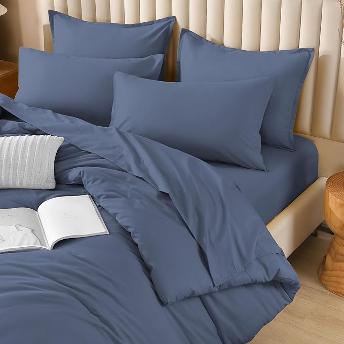 Litanika King Size Comforter Set Bluish Grey - 7 Pieces Bed in a Bag King Bedding Comforter Sets, Solid Lightweight Bed Set with Comforter, Sheets, Pillowcases & Shams