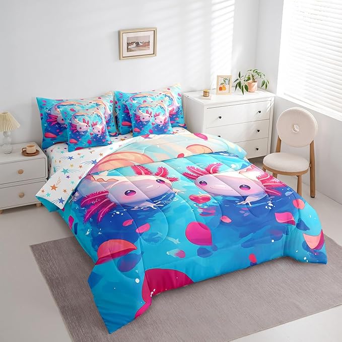 Feelyou Kids Cute Axolotl Bed in A Bag Twin Size, Ocean Sealife 7 Pieces Bedding Set Boys Girls Cartoon Animal Comforter Set with Sheets Kawaii Teens Bed Set Bedroom Decor 7Pcs