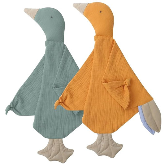 Organic Muslin Cotton Twins Pack Goose Loveys Breathable Newborn Security Blanket with Tags, Soft for Baby Boy Girl, Neutral Muslim Fabric for Comfortable Sleep & Play, Ideal for Newborns, Toddlers