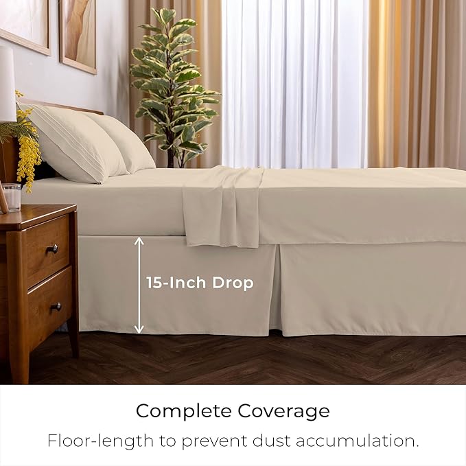 Mellanni Bed Skirt Cal King Size- Bed Skirting - 15-Inch Tailored Drop Pleated Dust Ruffle - Hotel Luxury Bedding - Wrinkle, Fade, Stain Resistant - 1 Bedskirt (Cal King, Beige)
