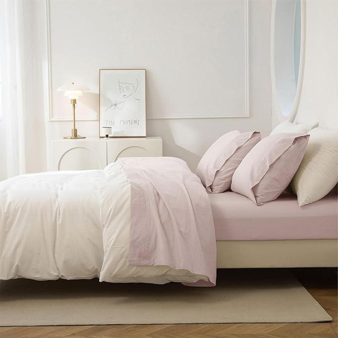 JIYUAN 100% Washed Cotton Sheet Set 4 Pieces Cal King,1 Fitted Sheet,1 Flat Sheet and 2 Pillowcases,Comfy and Breathable Linen Like Bedding Set,Heathered Greyish Pink