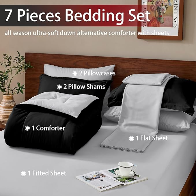 FUANNA King Size Comforter Set 7 Pieces, Reversible Bedding Sets with All Season Soft Comforter, Bed in a Bag Includes Comforter, Flat Sheet, Fitted Sheet, Pillowcases & Shams, Black & Light Grey