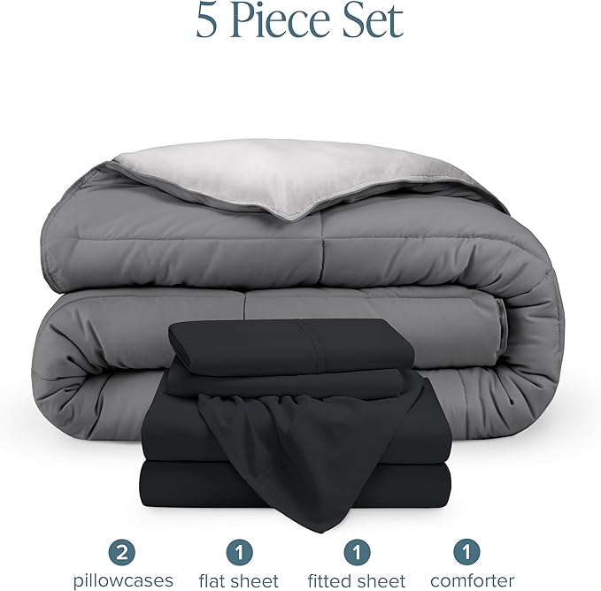 Bare Home Reversible Bed-in-A-Bag Comforter & Sheet Set - California King - Down Alternative - Soft - Bedding Set (Cal King, Grey/Light Grey, Black)