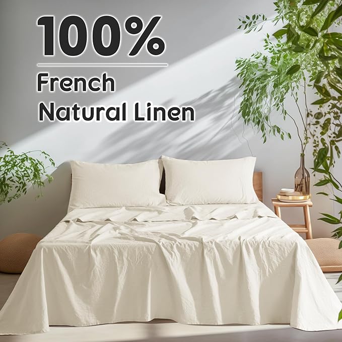 SONORO KATE 100% French Pure Linen Sheets, Breathable and Durable Line Twin Size Sheets, Anti-Tear Line Bed Sheets, Machine Washable, 16 Inch Deep Pocket - 3 Piece (Cream, Twin)