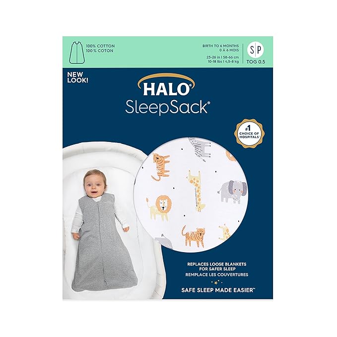 HALO SleepSack, 100% Cotton Wearable Blanket, Swaddle Transition Sleeping Bag, TOG 0.5, Jungle Cotton, Small, 0-6 Months