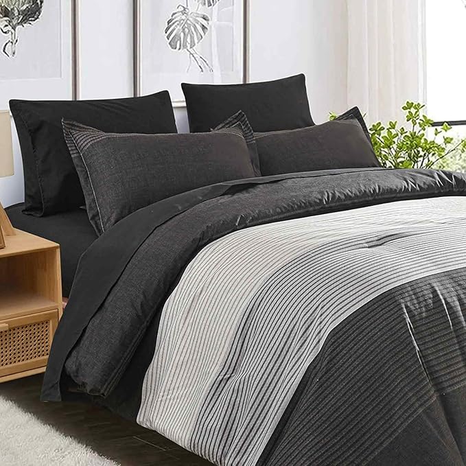 Faincy 7 Pcs Queen Size Comforter Set with Sheets, Black and Grey Patchwork Striped Pattern Printed Alternative Bed Sets - 90 x 90 Soft Microfiber Modern Bedding in a Bag for Women Men, Gray