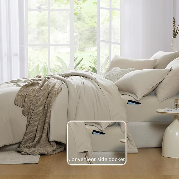 WRENSONGE Light Oatmeal Super King Plus Comforter Set, 7 Pieces Soft Microfiber Comforters with Fitted Sheet, Flat Sheet, 2 Pillow Shams, and 2 Pillowcases- Warm Bedding Sets for All Season