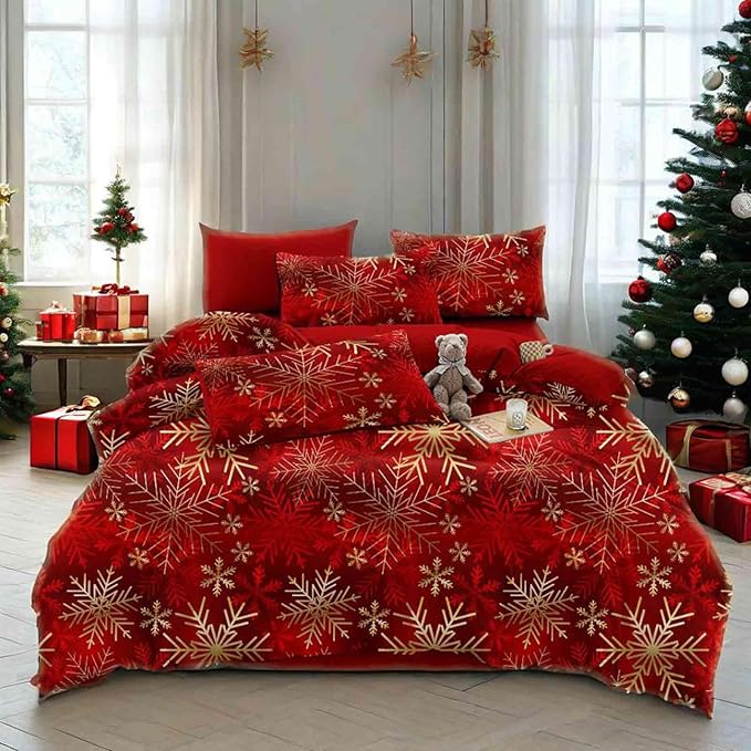 Nanko Merry Christmas Queen Size Duvet Cover, Red and Gold Snowflake Pattern Print, Microfiber Comforter Cover Set with Zip, New Year Modern Bedding Sets for Women Men Teen, 3Pcs 90x90 inch