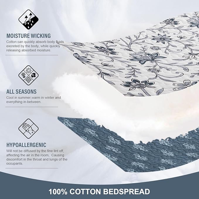 Oversized King Bedspreads 120"x120" - 100% Cotton California King Quilt, Farmhouse Blue Floral Pattern, Extra Large Quilted Coverlet, Lightweight Reversible XL Bedding Set, 3 Pcs