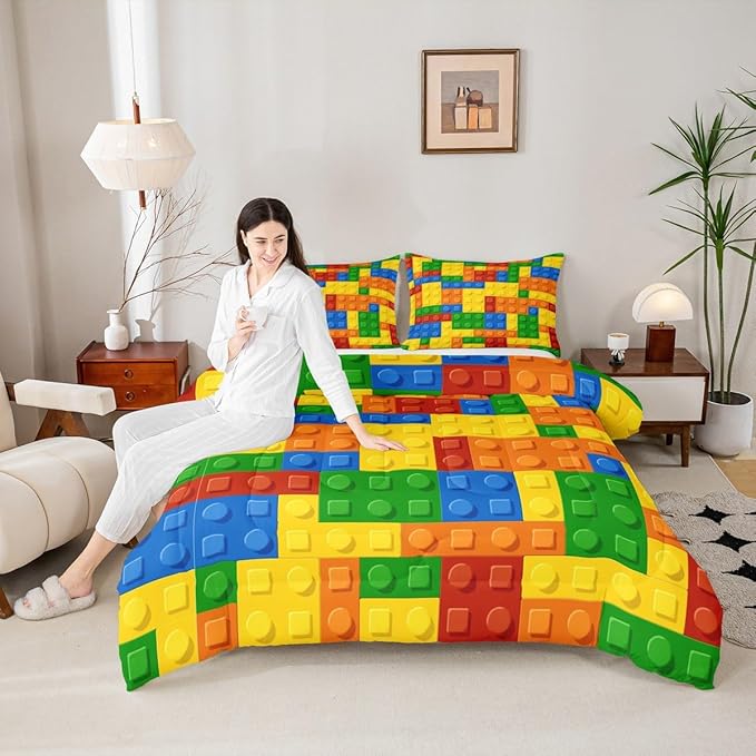 Feelyou Games Comforter Set Toddler Building Blocks Bedding Set for Kids Boys Girls Colorful Geometric Toy Brick Comforter Gaming Nursery Quilt Duvet Set with 1 Pillowcase Boys