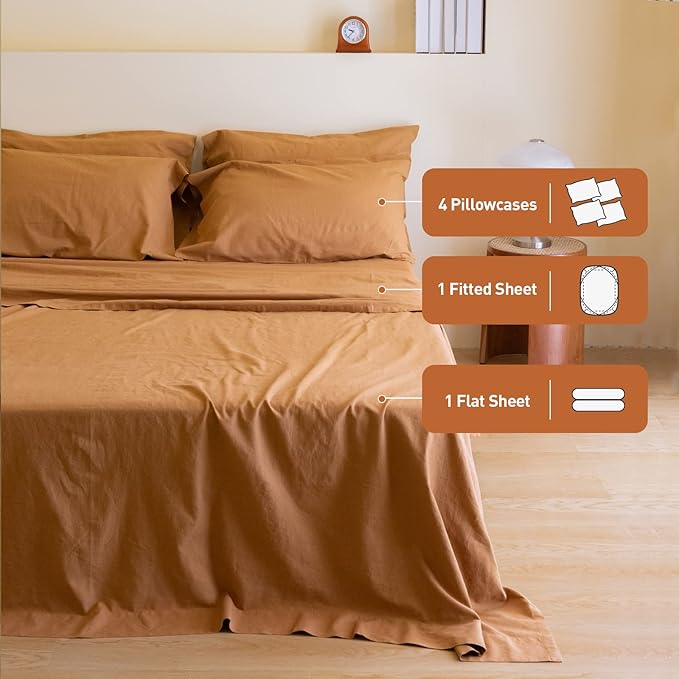 Simple&Opulence Belgian Linen Sheet Set Solid Color - 6 Pieces (1 Flat Sheet & 1 Fitted Sheet & 4 Pillowcases) 16" Deep Pocket Natural Flax Cotton Blended Soft Bedding - Rust, Queen Size