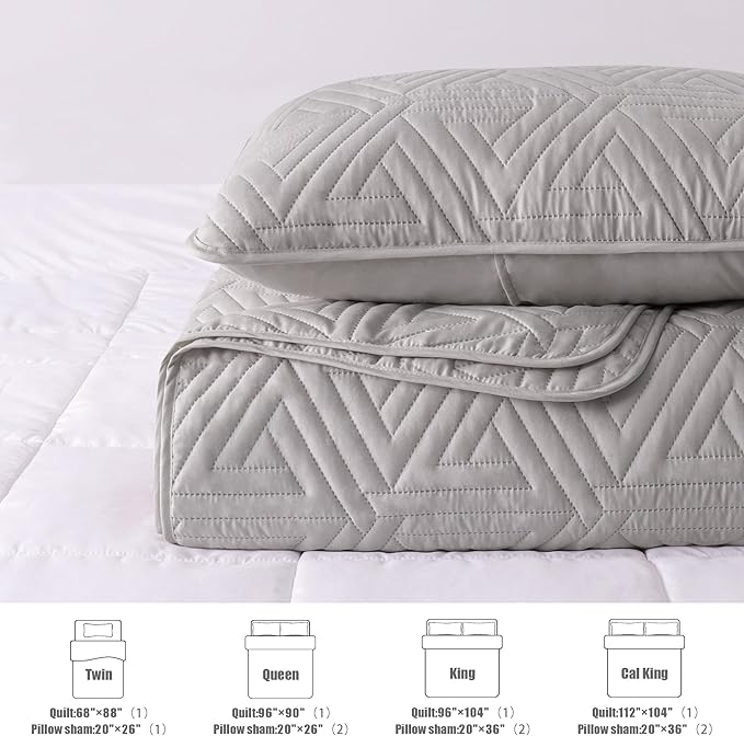 Whale Flotilla Soft Queen Size Quilt Set for All Seasons, 3-Piece Ultrasonic Geometric Quilts Bedding Set, Lightweight Reversible Bedspread, Coverlet, Bed Cover with 2 Pillow Shams, Lightgrey