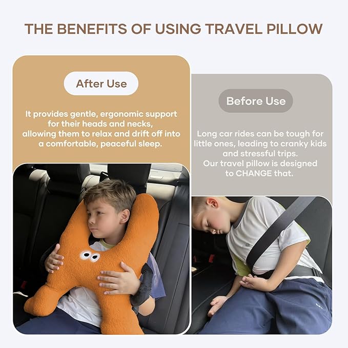 Car Pillow for Kids,H-Shaped Adjustable Travel Neck Pillow for Sleeping,Soft Plush Support for Head & Neck, Long Road Trip Essentials for Boys Girls(Orange)