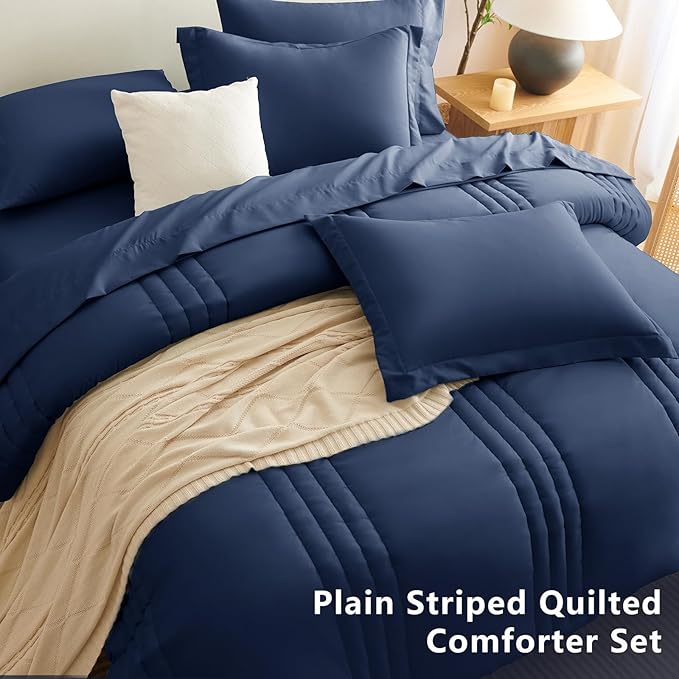 CozyLux Queen Size Comforter Sets - 7 Piece Bed in a Bag Navy Blue Comforter Set with Sheets Queen Bed Set All Seasons, Bedding Set with Down Alternative Comforter, Sheets, Pillowcases & Shams