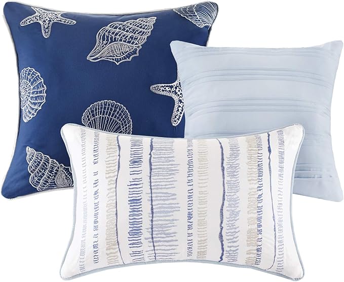 Madison Park Quilt Set Cottage Coastal Design, 6 Piece Set - All Season, Coverlet Bedspread Lightweight Bedding Layer, Shams, Toss Pillows, Full/Queen(90"x90"), Blue/White